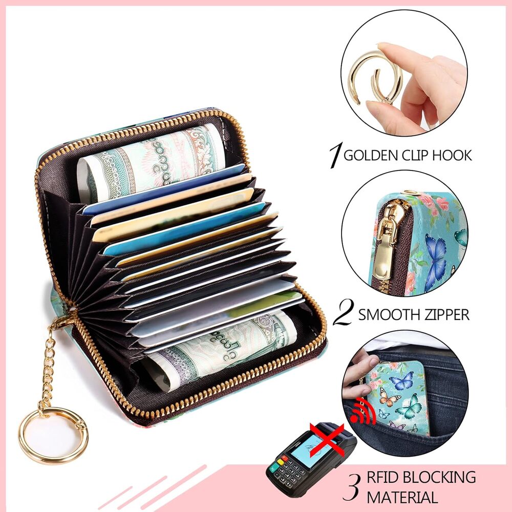 Wallet, RFID Blocking, Cash Credit Business Card Slots Zipper Keychain (Blue) - Picture 2 of 5